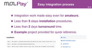 Easy integration process
Integration work made easy even for amateurs.
Less than 5 steps installation procedures.
Less than 2 days turnaround time.
Example project provided for quick reference.
9/13
