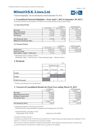 (Unaudited translation of ‘kessan tanshin’, provided for reference only)
                                                                                                                                        October 31 , 2012




           Financial Highlights: The Second Quarter Ended September 30, 2012

           1. Consolidated Financial Highlights ( from April 1, 2012 to September 30, 2012 )
          (All financial information has been prepared in accordance with accounting principles generally accepted in Japan)

          (1) Operational Results
                                                                                                     ( Million)                (US$ Thousand)
                                                                            Q2/ FY2012            Q2/ FY2011                    Q2/ FY2012
          Revenues                                                                756,968               717,345                      9,754,742
          Operating income                                                         (2,379)              (10,054)                       (30,657)
          Ordinary income                                                          (6,793)              (12,100)                       (87,539)
          Net income                                                              (13,082)              (16,463)                      (168,582)
                                                                                                           ( )                          (US$ )
          Net income per share                                                        (10.94)            (13.77)                        (0.141)
          Diluted net income per share

          (2) Financial Position
                                                                                                        ( Million)             (US$ Thousand)
                                                                            Q2/ FY2012                 FY2011                   Q2/ FY2012
          Total Assets                                                           2,039,542                1,946,161                  26,282,758
          Total Net Assets                                                         673,131                  717,909                   8,674,369
          Shareholders' Equity / Total assets                                        29.1%                    32.8%
           * Shareholders' Equity is defined as follows.
             Shareholders' Equity = Total Net Assets - ( Share subscription rights + Minority interests )

           2. Dividends
                                                                                                             ( )
                                                                                     Dividend per share


                                                                           Interim       Year end          Total

          FY2011                                                               2.50             2.50           5.00

          FY2012                                                               0.00

          FY2012 (Forecast)

           * Forecast of dividends has yet to be determined.

           3. Forecast of Consolidated Results for Fiscal Year ending March 31, 2013
                                                                              ( Million)                                       (US$ Thousand)
                                                                             FY2012                                               FY2012
          Revenues                                                              1,500,000                                           18,750,000
          Operating income (loss)                                                 (13,000)                                            (162,500)
          Ordinary income (loss)                                                  (22,000)                                            (275,000)
          Net income (loss)                                                       (24,000)                                            (300,000)
                                                                                     ( )                                                (US$ )
                                                                             FY2012                                               FY2012
          Net income per share                                                     (20.07)                                              (0.251)

          * Underlying Assumption of the Forecast for FY2012
            The above forecast is made assuming the exchange rate and the bunker price for FY2012.

             Q3,Q4/FY2012(Oct.1 2012-Mar.31 2013
              Exchange Rate 1US$= 80.00                                       Bunker Price US$ 650/MT

          ( Translation of foreign currencies )
          The Japanese yen amounts for Q2/ FY2012 have been translated into U.S. dollars using the prevailing exchange rate at September 30, 2012,
          which was 77.60 to U.S. $1.00, solely for the convenience of readers.
          (The convenience translations should not be construed as representations that the Japanese yen amounts have been, could have been,
          or could in the future be, converted into U.S. dollars at this or any other rate of exchange.)
                                                                               1
 