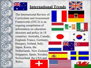 International Trends
The International Review of
Curriculum and Assessment
Frameworks (INCA) is an
ongoing compilation of
information on education
structure and policy in 18
countries: Australia, Canada,
England, France, Germany,
Hungary, Ireland, Italy,
Japan, Korea, the
Netherlands, New Zealand,
Singapore, Spain, Sweden,
Switzerland, the USA and
Wales.
 