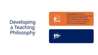 INNOVATIVE PEDAGOGY AND DIGITAL INTEGRATION AUGUST 2024
Articulation: Writing a
teaching philosophy statement
helps teachers clarify and
communicate their beliefs to
others, including colleagues
and potential employers
Adaptation and Growth: As
teachers gain experience and
confront new challenges, their
philosophies may evolve
Developing
a Teaching
Philosophy
 