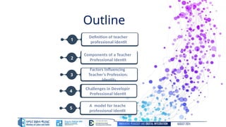 INNOVATIVE PEDAGOGY AND DIGITAL INTEGRATION AUGUST 2024
Definition of teacher’s
professional identity
A model for teacher
professional identity
Components of a Teacher’s
Professional Identity
Challenges in Developing
Professional Identity
Factors Influencing a
Teacher’s Professional
Identity
1
2
3
4
5
Outline
 