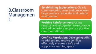INNOVATIVE PEDAGOGY AND DIGITAL INTEGRATION AUGUST 2024
Establishing Expectations: Clearly
communicating rules and procedures
helps create a respectful and orderly
environment
Positive Reinforcement: Using
rewards and recognition to encourage
desired behaviors supports a positive
classroom climate
Conflict Resolution: Developing skills
to address and resolve conflicts
effectively ensures a safe and
supportive learning space
3.Classroom
Managemen
t
 