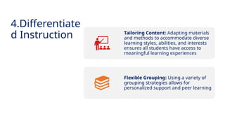 INNOVATIVE PEDAGOGY AND DIGITAL INTEGRATION AUGUST 2024
Tailoring Content: Adapting materials
and methods to accommodate diverse
learning styles, abilities, and interests
ensures all students have access to
meaningful learning experiences
Flexible Grouping: Using a variety of
grouping strategies allows for
personalized support and peer learning
4.Differentiate
d Instruction
 