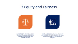 INNOVATIVE PEDAGOGY AND DIGITAL INTEGRATION AUGUST 2024
3.Equity and Fairness
IMPARTIALITY: MAKING UNBIASED
DECISIONS REGARDING STUDENT
TREATMENT, DISCIPLINE, AND
OPPORTUNITIES
EQUAL ACCESS: ENSURING ALL STUDENTS
HAVE ACCESS TO THE RESOURCES, SUPPORT,
AND OPPORTUNITIES THEY NEED TO
SUCCEED
 