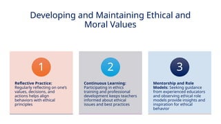 INNOVATIVE PEDAGOGY AND DIGITAL INTEGRATION AUGUST 2024
Developing and Maintaining Ethical and
Moral Values
Reflective Practice:
Regularly reflecting on one’s
values, decisions, and
actions helps align
behaviors with ethical
principles
1
Continuous Learning:
Participating in ethics
training and professional
development keeps teachers
informed about ethical
issues and best practices
2
Mentorship and Role
Models: Seeking guidance
from experienced educators
and observing ethical role
models provide insights and
inspiration for ethical
behavior
3
 