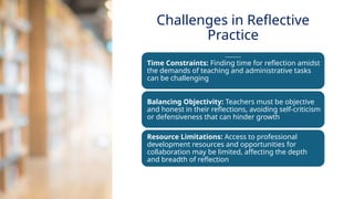 INNOVATIVE PEDAGOGY AND DIGITAL INTEGRATION AUGUST 2024
Time Constraints: Finding time for reflection amidst
the demands of teaching and administrative tasks
can be challenging
Balancing Objectivity: Teachers must be objective
and honest in their reflections, avoiding self-criticism
or defensiveness that can hinder growth
Resource Limitations: Access to professional
development resources and opportunities for
collaboration may be limited, affecting the depth
and breadth of reflection
Challenges in Reflective
Practice
 