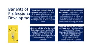 INNOVATIVE PEDAGOGY AND DIGITAL INTEGRATION AUGUST 2024
Increased Subject Matter
Expertise: Ongoing education
and training help teachers
stay informed about the latest
research, theories, and
developments in their subject
areas
Improved Adaptability and
Innovation: Exposure to new
ideas and technologies
enables teachers to adapt to
changes in the educational
landscape and implement
innovative teaching methods
Greater Job Satisfaction and
Retention: Opportunities for
growth and development
contribute to higher job
satisfaction, reducing burnout
and increasing teacher
retention
Positive Impact on Student
Achievement: Teachers who
engage in professional
development can better meet
the diverse needs of their
students, resulting in
improved academic
performance and overall
success
Benefits of
Professional
Development
 