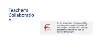 INNOVATIVE PEDAGOGY AND DIGITAL INTEGRATION AUGUST 2024
As an important component for
creating successful educational
landscape, collaboration among
professional teachers can be
ensured through:
Teacher's
Collaboratio
n
 