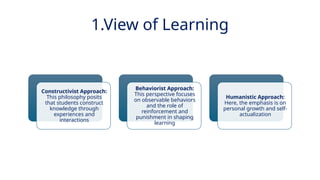 INNOVATIVE PEDAGOGY AND DIGITAL INTEGRATION AUGUST 2024
Constructivist Approach:
This philosophy posits
that students construct
knowledge through
experiences and
interactions
Behaviorist Approach:
This perspective focuses
on observable behaviors
and the role of
reinforcement and
punishment in shaping
learning
Humanistic Approach:
Here, the emphasis is on
personal growth and self-
actualization
1.View of Learning
 