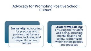 INNOVATIVE PEDAGOGY AND DIGITAL INTEGRATION AUGUST 2024
Advocacy for Promoting Positive School
Culture
Inclusivity: Advocating
for practices and
policies that foster a
positive, inclusive, and
respectful school
culture
Student Well-Being:
Ensuring that student
well-being, including
mental health and
safety, is prioritized
within school policies
and practices
 