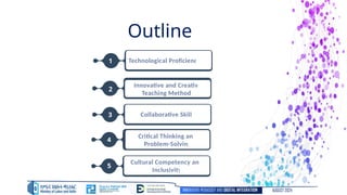 INNOVATIVE PEDAGOGY AND DIGITAL INTEGRATION AUGUST 2024
Technological Proficiency
Cultural Competency and
Inclusivity
Innovative and Creative
Teaching Methods
Critical Thinking and
Problem-Solving
Collaborative Skills
1
2
3
4
5
Outline
 