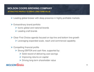 5
MOLSON COORS BREWING COMPANY
Leading global brewer with deep presence in highly profitable markets
Extraordinary brand portfolio
Iconic global and national brands
Leading craft brands
Clear First Choice agenda focused on top-line and bottom line-growth
Leveraging expanded scale, reach and commercial capability
Compelling financial profile
Strong EBITDA and cash flow, supported by:
Solid record of delivering cost savings
Improving returns on capital
Driving long-term shareholder value
ATTRACTIVE PROFILE TO DRIVE LONG-TERM VALUE
 