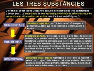 LES TRES SUBSTÀNCIES
 De l’anàlisi de les idees Descartes dedueix l’existència de tres substàncies
 o coses (res). La substància és una realitat que existeix de tal manera que no
 necessita cap altra realitat per existir. Meditacions metafísiques, 3.

                    Substància imperfecta, però dotada de raó. Correspon al
RES COGITANS        pensament, a tot el que no és material, a la ment, ànima o
                    esperit...


                  Substància perfecta. Correspon a Déu o a la idea de quelcom
                  perfecte de tal manera que no és possible que no existeixi, essent
RES INFINITA      l'existència la màxima perfecció; això no vol dir, però que existeixi
                  tot allò del qual nosaltres en tenim pensament o idea fora de la
                  nostra ment. Demostrar l'existència de Déu no es fàcil i al final
                  Descartes afirma que Déu ha d'existir si més no per tal d'avalar el
                  nostre coneixement.


                   Substància finita i creada. Correspon a tot el que és material i
RES EXTENSA        extens: el conjunt dels cossos del món material. Descartes
                   distingeix entre qualitats primàries (tamany, figura, moviment...) i
                   qualitats secundàries (colors, sons, olors...).
 