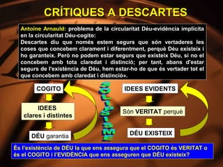 CRÍTIQUES A DESCARTES
  Antoine Arnauld: problema de la circularitat Déu-evidència implícita
  en la circularitat Déu-cogito:
  Descartes diu que només estem segurs que són vertaderes les
  coses que concebem clarament i diferentment, perquè Déu existeix i
  ho garanteix. Però no podem estar segurs que existeix Déu, si no el
  concebem amb tota claredat i distinció; per tant, abans d'estar
  segurs de l'existència de Déu, hem estar-ho de que és vertader tot el
  que concebem amb claredat i distinció».

        COGITO                           IDEES EVIDENTS


        IDEES
                                        Són VERITAT perquè
   clares i distintes


      DÉU garantia                         DÉU EXISTEIX

És l’existència de DÉU la que ens assegura que el COGITO és VERITAT o
és el COGITO i l’EVIDÈNCIA que ens asseguren que DÉU existeix?
 