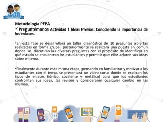 Metodología PEPA
Preguntémonos Actividad 1 Ideas Previas: Conociendo la importancia de
los enlaces.
•En esta fase se desarrollará un taller diagnóstico de 10 preguntas abiertas
realizadas en forma grupal, posteriormente se realizará una puesta en común
donde se discutirán las diversas preguntas con el propósito de identificar en
qué estado se encuentran los estudiantes y permitir que ellos aclaren sus ideas
sobre el tema.
•Finalmente durante esta misma etapa, pensando en familiarizar y motivar a los
estudiantes con el tema, se presentará un video corto donde se explican los
tipos de enlaces (iónico, covalente y metálico) para que los estudiantes
confronten sus ideas, las revisen y consideraren cualquier cambio en las
mismas.
 