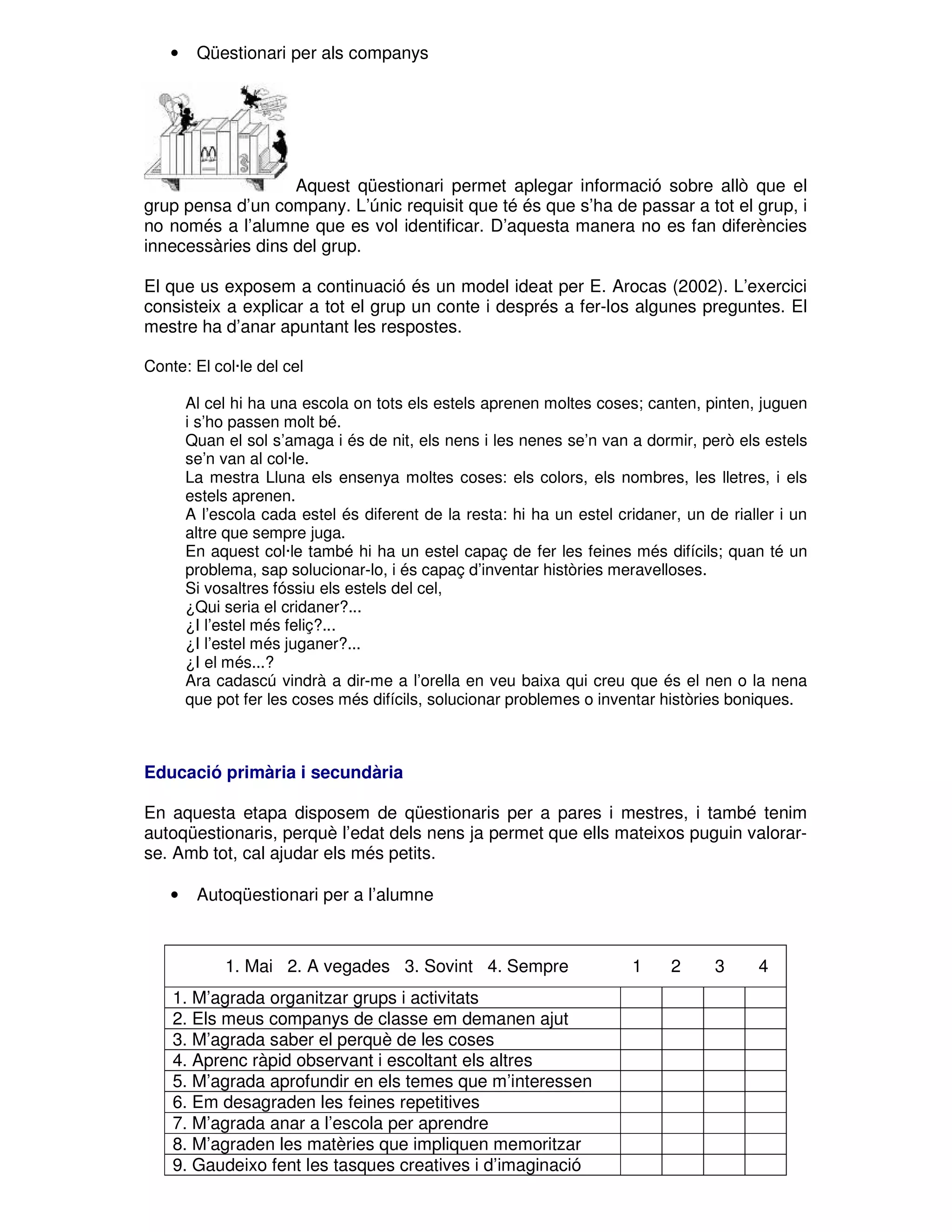 •

Qüestionari per als companys

Aquest qüestionari permet aplegar informació sobre allò que el
grup pensa d’un company. L’únic requisit que té és que s’ha de passar a tot el grup, i
no només a l’alumne que es vol identificar. D’aquesta manera no es fan diferències
innecessàries dins del grup.
El que us exposem a continuació és un model ideat per E. Arocas (2002). L’exercici
consisteix a explicar a tot el grup un conte i després a fer-los algunes preguntes. El
mestre ha d’anar apuntant les respostes.
Conte: El col·le del cel
Al cel hi ha una escola on tots els estels aprenen moltes coses; canten, pinten, juguen
i s’ho passen molt bé.
Quan el sol s’amaga i és de nit, els nens i les nenes se’n van a dormir, però els estels
se’n van al col·le.
La mestra Lluna els ensenya moltes coses: els colors, els nombres, les lletres, i els
estels aprenen.
A l’escola cada estel és diferent de la resta: hi ha un estel cridaner, un de rialler i un
altre que sempre juga.
En aquest col·le també hi ha un estel capaç de fer les feines més difícils; quan té un
problema, sap solucionar-lo, i és capaç d’inventar històries meravelloses.
Si vosaltres fóssiu els estels del cel,
¿Qui seria el cridaner?...
¿I l’estel més feliç?...
¿I l’estel més juganer?...
¿I el més...?
Ara cadascú vindrà a dir-me a l’orella en veu baixa qui creu que és el nen o la nena
que pot fer les coses més difícils, solucionar problemes o inventar històries boniques.

Educació primària i secundària
En aquesta etapa disposem de qüestionaris per a pares i mestres, i també tenim
autoqüestionaris, perquè l’edat dels nens ja permet que ells mateixos puguin valorarse. Amb tot, cal ajudar els més petits.
•

Autoqüestionari per a l’alumne

1. Mai 2. A vegades 3. Sovint 4. Sempre
1. M’agrada organitzar grups i activitats
2. Els meus companys de classe em demanen ajut
3. M’agrada saber el perquè de les coses
4. Aprenc ràpid observant i escoltant els altres
5. M’agrada aprofundir en els temes que m’interessen
6. Em desagraden les feines repetitives
7. M’agrada anar a l’escola per aprendre
8. M’agraden les matèries que impliquen memoritzar
9. Gaudeixo fent les tasques creatives i d’imaginació

1

2

3

4

 