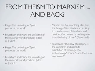 FROM THEISM TO MARXISM ...
           AND BACK?
•   Hegel: The unfolding of Spirit         •   "God in the ﬁre is nothing else than
    produces the world                         the being of ﬁre which is so striking
                                               to men because of its effects and
•   Feuerbach and Marx: the unfolding of       qualities; God in man is nothing else
    the material world produces (ideas         than the being of man" (Feuerbach)
    of ) Spirit
                                           •   Feuerbach: "The new philosophy is
•   Hegel: The unfolding of Spirit             the complete and absolute
    produces the world                         dissolution of theology into
                                               anthropology."  Marx: "... and then into
•   Feuerbach and Marx: the unfolding of       economics!"
    the material world produces (ideas
    of ) Spirit
 