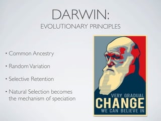 DARWIN:
                 EVOLUTIONARY PRINCIPLES


• Common Ancestry

• Random Variation

• Selective   Retention

• Natural
        Selection becomes
 the mechanism of speciation
 