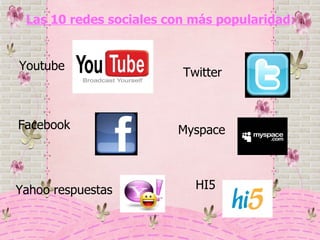 Las 10 redes sociales con más popularidad : Youtube Facebook Twitter Yahoo respuestas HI5 Myspace 