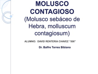 MOLUSCO
CONTAGIOSO
(Molusco sebáceo de
Hebra, molluscum
contagiosum)
Dr. Balfre Torres Bibiano
ALUMNO: DAVID RENTERIA CHAVEZ “506”
 