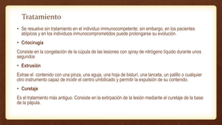 Tratamiento
• Se resuelve sin tratamiento en el individuo immunocompetente; sin embargo, en los pacientes
atópicos y en los individuos inmunocomprometidos puede prolongarse su evolución.
• Criocirugía
Consiste en la congelación de la cúpula de las lesiones con spray de nitrógeno líquido durante unos
segundos
• Extrusión
Extrae el contenido con una pinza, una aguja, una hoja de bisturí, una lanceta, un palillo o cualquier
otro instrumento capaz de incidir el centro umbilicado y permitir la expulsión de su contenido.
• Curetaje
Es el tratamiento más antiguo. Consiste en la extirpación de la lesión mediante el curetaje de la base
de la pápula.
 