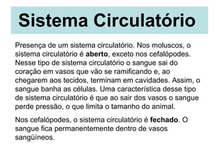 Sistema Circulatório   Presença de um sistema circulatório. Nos moluscos, o sistema circulatório é  aberto , exceto nos cefalópodes. Nesse tipo de sistema circulatório o sangue sai do coração em vasos que vão se ramificando e, ao chegarem aos tecidos, terminam em cavidades. Assim, o sangue banha as células. Uma característica desse tipo de sistema circulatório é que ao sair dos vasos o sangue perde pressão, o que limita o tamanho do animal. Nos cefalópodes, o sistema circulatório é  fechado . O sangue fica permanentemente dentro de vasos sangüíneos. 