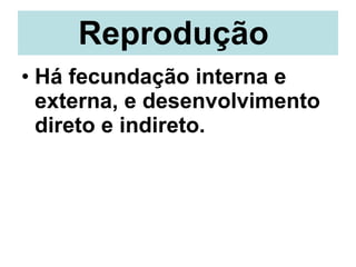 Reprodução   Há fecundação interna e externa, e desenvolvimento direto e indireto. 