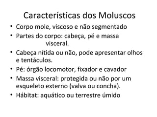 Características dos Moluscos
• Corpo mole, viscoso e não segmentado
• Partes do corpo: cabeça, pé e massa
             visceral.
• Cabeça nítida ou não, pode apresentar olhos
  e tentáculos.
• Pé: órgão locomotor, fixador e cavador
• Massa visceral: protegida ou não por um
  esqueleto externo (valva ou concha).
• Hábitat: aquático ou terrestre úmido
 