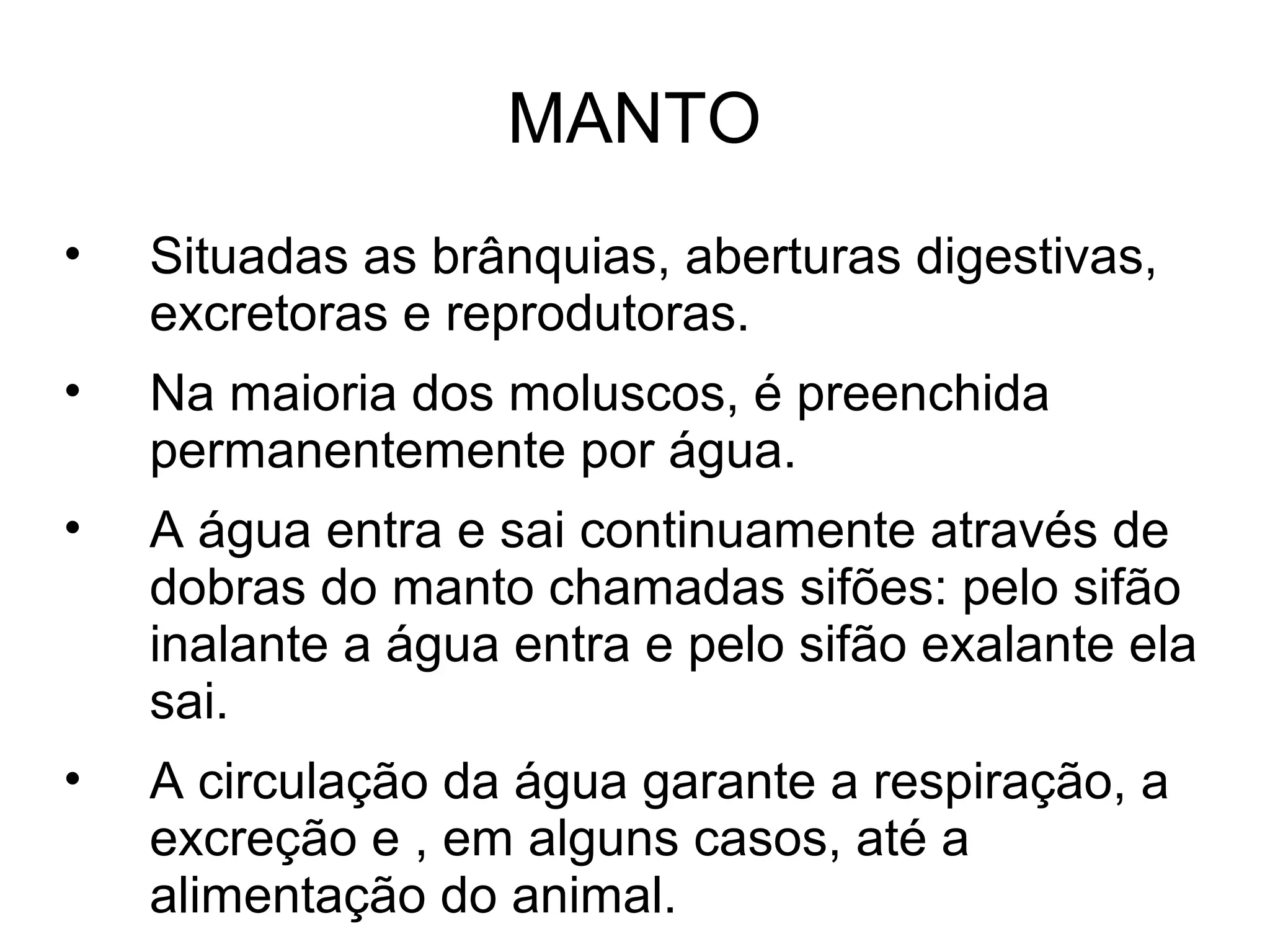 MANTO
• Situadas as brânquias, aberturas digestivas,
excretoras e reprodutoras.
• Na maioria dos moluscos, é preenchida
permanentemente por água.
• A água entra e sai continuamente através de
dobras do manto chamadas sifões: pelo sifão
inalante a água entra e pelo sifão exalante ela
sai.
• A circulação da água garante a respiração, a
excreção e , em alguns casos, até a
alimentação do animal.
 