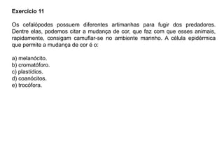 Exercício 11
Os cefalópodes possuem diferentes artimanhas para fugir dos predadores.
Dentre elas, podemos citar a mudança de cor, que faz com que esses animais,
rapidamente, consigam camuflar-se no ambiente marinho. A célula epidérmica
que permite a mudança de cor é o:
a) melanócito.
b) cromatóforo.
c) plastídios.
d) coanócitos.
e) trocófora.
 