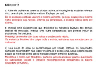 Exercício 17
a) Além de problemas como os citados acima, a introdução de espécies oferece
risco de extinção de espécies nativas. Explique por quê.
b) Indique uma característica que diferencie os moluscos bivalves das demais
classes de moluscos. Indique uma outra característica que permita incluir os
bivalves no filo Mollusca.
c) Nas áreas de risco de contaminação por vibrião colérico, as autoridades
sanitárias recomendam não ingerir mexilhões e ostras crus. Essa recomendação
baseia-se no modo como esses moluscos obtêm alimento. Explique.
Se as espécies exóticas usarem o mesmo alimento, ou seja, ocuparem o mesmo
nicho ecológico das nativas, através da competição, a espécie nativa pode ser
extinta.
Presença de concha com duas valvas e ausência de rádula.
Os moluscos bivalves têm corpo mole e manto, estruturas que caracterizam os
moluscos.
Mexilhões e ostras são filtradores, portanto, podem acumular grande quantidade
de substâncias tóxicas e inclusive microorganismos patogênicos (a batéria
causadora do Cólera).
 