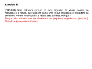 Exercício 19
(PUC-MG) Uma estrutura comum no tubo digestivo de várias classes de
moluscos é a rádula, que funciona como uma língua raspadora e trituradora de
alimentos. Porém, nos bivalves, a rádula está ausente. Por quê?
Porque são animais que se alimentam de pequenos organismos (plancton),
filtrando a água pelas brânquias.
 