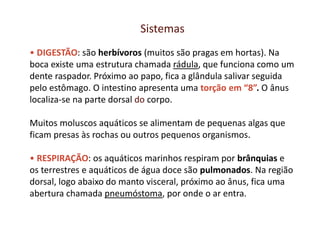 Sistemas
• DIGESTÃO: são herbívoros (muitos são pragas em hortas). Na
boca existe uma estrutura chamada rádula, que funciona como um
dente raspador. Próximo ao papo, fica a glândula salivar seguida
pelo estômago. O intestino apresenta uma torção em “8”. O ânus
localiza-se na parte dorsal do corpo.
Muitos moluscos aquáticos se alimentam de pequenas algas que
ficam presas às rochas ou outros pequenos organismos.
• RESPIRAÇÃO: os aquáticos marinhos respiram por brânquias e
os terrestres e aquáticos de água doce são pulmonados. Na região
dorsal, logo abaixo do manto visceral, próximo ao ânus, fica uma
abertura chamada pneumóstoma, por onde o ar entra.
 
