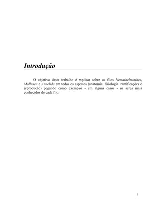 Introdução
      O objetivo deste trabalho é explicar sobre os filos Nemathelminthes,
Mollusca e Annelida em todos os aspectos (anatomia, fisiologia, ramificações e
reprodução) pegando como exemplos - em alguns casos - os seres mais
conhecidos de cada filo.




                                                                          3
 