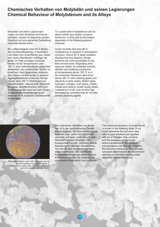 18
Chemisches Verhalten von Molybdän und seinen Legierungen
Chemical Behaviour of Molybdenum and its Alloys
Molybdän und seine Legierungen
zeigen ein sehr ähnliches Korrosions-
verhalten, sodass im folgenden groben
Überblick auf eine getrennte Darstellung
verzichtet werden kann.
Bei Luftfeuchtigkeit unter 60 % Molyb-
dän korrisionsbeständig, in feuchterer
Luft bilden sich Anlauffarben aus. Dabei
sind rauhe Oberﬂächen anfälliger als
glatte. Im Falle sonstiger wässriger
Medien ist bei Temperaturen über
100 °C eine Unbeständigkeit gegenüber
alkalischen und oxidierenden Stoffen zu
erwähnen. Auch gegenüber oxidieren-
den Gasen und Elementen in anderen
Aggregatzuständen treten bei Tempe-
raturen über 250 °C Reaktionen auf.
Glasschmelzen, Wasserstoff, Stickstoff,
Edelgase, Metallschmelzen und Oxid-
keramiken greifen auch bei sehr hohen
Temperaturen Molybdän wenig an,
wenn sie nicht zusätzlich Oxidationsmit-
tel enthalten.
Das chemische Verhalten von Molyb-
dän ist in der nachstehenden Tabelle
wiedergegeben. Die Korrosionsangaben
beziehen sich, wenn nicht gesondert
vermerkt, auf reine, nicht mit Luft oder
Stickstoff begaste Lösungen. Die
Anwesenheit fremder, chemisch aktiver
Substanzen in kleinsten Konzentratio-
nen können das Korrosionsverhalten
stark beeinﬂussen. Bei komplexen
Korrosionsbedingungen empfehlen wir
Korrosionsversuche mit möglichst be-
triebsnahen Parametern durchzuführen.
The chemical behaviour of molybdenum
is shown in the following table. If not
noted otherwise the corrosion data
refer to pure solutions not agitated
with air or nitrogen. Gas contents
and the presence of chemically
active substances in the smallest
concentrations can strongly inﬂuence
the corrosion behaviour. With complex
corrosive environments we recommend
carrying out corrosion testing under
simulated service conditions.
Molybdänoberﬂäche nach 168 h Korrosion an Luft
mit 98 % relativer Feuchtigkeit bei 40 °C
Molybdenum surface after 168 h corrosion in air
with 98 % relative humidity at 40°C
To a great extent molybdenum and its
alloys exhibit very similar corrosion
behaviour, so they will not be treated
separately in the following general
overview.
Under humidity less than 60 %,
molybdenum is resistant to atmospheric
corrosion. Above 60 % slight oxidation
discolouring may develop. Rough
surfaces are more susceptible to this
than smooth ones. Regarding other
aqueous media, an instability towards
alkaline and oxidising substances
at temperatures above 100 °C is to
be mentioned. Reactions also occur
above 250 °C with oxidising gases and
elements in other states. Molten glass,
hydrogen, nitrogen, inert gases, molten
metals and ceramic oxides hardly attack
molybdenum at all, even at very high
temperatures, provided they do not also
contain oxidising agents.
 