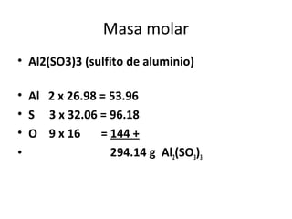 Masa molar
• Al2(SO3)3 (sulfito de aluminio)

• Al 2 x 26.98 = 53.96
• S 3 x 32.06 = 96.18
• O 9 x 16     = 144 +
•                294.14 g Al2(SO3)3
 