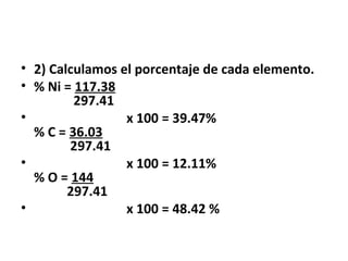 • 2) Calculamos el porcentaje de cada elemento.
• % Ni = 117.38
         297.41
•                x 100 = 39.47%
  % C = 36.03
        297.41
•                x 100 = 12.11%
  % O = 144
        297.41
•                x 100 = 48.42 %
 