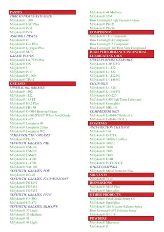 PASTES                                   Molykote® 44 Medium
THREAD PASTES/ANTI-SEIZE                 Molykote® 55M
Molykote® 1000                           Dow Corning® High Vacuum Grease
Molykote® HSC Plus                       Molykote® PG-21
Molykote® P-37                           Molykote® PG-54
Molykote® P-74                           COMPOUNDS
ASSEMBLY PASTES                          Molykote® 111 Compound
Molykote® D                              Dow Corning® 4 Compound
Molykote® G-n Plus                       Dow Corning® 7 Compound
Molykote® G-Rapid Plus                   Dow Corning® 340 Heat Sink Compound
Molykote® M-77                           HIGH PERFORMANCE INDUSTRIAL
GREASE PASTES                            LUBRICATING OILS
Molykote® Cu-7439 Plus                   MULTI-PURPOSE GEAR OILS
Molykote® DX                             Molykote® L-0532FG
Molykote® E                              Molykote® L-1122
Molykote® P-40                           Molykote® L-1132
Molykote® P-1900                         Molykote® L-1122FG
Molykote® TP-42                          Molykote® L-1146FG
GREASES                                  CHAIN OILS
MINERAL OIL GREASES                      Molykote® L-1428
Molykote® 1102                           Molykote® L-1468FG
Molykote® 1122                           Molykote® CO 220
Molykote® 165 LT                         Molykote® C40 High Temp Lubricant
Molykote® BR2 Plus                       Molykote® Omnigliss
Molykote® FB 180                         Molykote® MKL-N
Molykote® G-0010 Bearing Grease          COMPRESSOR OILS
Molykote® G-0052FG EP White Food Grade   Molykote® L-4640 ( Flush oil )
Molykote® G-67                           Molykote® L-4646 ( POE )
Molykote® Longterm 00                    COATINGS
Molykote® Longterm 2 plus                ANTI-FRICITON COATINGS
Molykote® Longterm W2                    Molykote® 106
SEMI-SYNTHETIC GREASES                   Molykote® D-321R
Molykote® PG-75                          Molykote® 3400A Leadfree
SYNTHETIC GREASES, PAO                   Molykote® 3402C
Molykote® EM-30L                         Molykote® 7400
Molykote® EM-50L                         Molykote® 7405
Molykote® EM-60L                         Molykote® 7409
Molykote® G-4500                         Molykote® D-10
Molykote® G-4700                         Molykote® PTFE-N UV
Molykote® YM-103                         OTHER COATINGS
SYNTHETIC GREASES, POE                   Molykote® Metal Protector Plus
Molykote® BG-20                          SOLVENTS
SYNTHETIC GREASES, FLUROSILICONE         Molykote® 7414
Molykote® FS 1292                        DISPERSIONS
Molykote® FS 3451                        Molykote® M-55 Plus
Molykote® FS 3452                        Molykote® Multigliss
SYNTHETIC GREASES, PFPE                  OTHER PRODUCTS
Molykote® HP-300                         Molykote® Food Grade Spray Oil
Molykote® HP-870                         Molykote® Supergliss
SYNTHETIC GREASES, SILICONE              Molykote® 316 Silicone Release Spray
Molykote® 33 Light                       Dow Corning® 557 Silicone Spray
Molykote® 33 Medium                      Molykote® S-1011
Molykote® 41                             POWDERS
Molykote® 44 Light                       Molykote® Microsize
                                         Molykote® Z
 