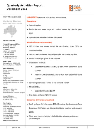 Quarterly Activities Report
       December 2012

Moly Mines Limited                    HIGHLIGHTS (all amounts are in A$ unless otherwise stated)

Mine Operator & Developer             Operations
Spinifex Ridge, Western Australia
                                       New mine plan

                                       Production and sales target at 1 million tonnes for calendar year

                                         2013

                                       Updated Ore Reserve Estimate completed
ASX  TSX Code: MOL
                                      Mine Performance (unaudited)
Principal & Registered Office
46-50 Kings Park Road
                                       185,315 wet ore tonnes mined for the Quarter, down 36% on
West Perth, WA 6005
PO Box 8215
Subiaco East, WA 6008                    previous Quarter
T : +61 8 9429 3300
F : +61 8 9429 3399                    261,893 wet ore tonnes shipped (sold) for the Quarter, up 44%
W: www.molymines.com
E : info@molymines.com
                                       59.0% Fe average grade of ore shipped
Issued Capital
Ordinary Shares: 384,893,989           Gross sales revenue:
Warrants / Options: 34,010,491
                                                December Quarter: $23.4M, up 58% from September 2012
Board of Directors
Michael Braham - Chairman
                                                 Quarter
David Craig
David Nixon
Liu Han                                         Realised CFR price of $92.9/t, up 10% from September 2012
Andy Zhmurovsky
Kang Huan Jun                                    Quarter
Nelson Chen – Alternate for Liu Han
Peter Mansell – Alternate for Kang     Operating cash costs / tonne of ore shipped: $68.9/t
Huan Jun

Officers                               Mine EBITDA:
Collis Thorp – Acting CEO
John McEvoy - CFO                               December Quarter: $0.9M
Martijn Bosboom - Company Secretary
                                       Ore stocks on hand: 124,000 tonnes
Investor Relations
Natalie Frame (Canada):
 +1 416 777 1801                      Corporate & Finance (unaudited)
Share Register
Computershare                          Cash on hand: $41.1M, down $13.4M (mainly due to revenue from
Level 2 / 45 St Georges Terrace
Perth, WA, 6000                          December 2012’s iron ore shipment not being received until January
T: +61 8 9323 2000
F: +61 8 9323 2033                       2013)
1500 University St, Suite 700
Montreal, Quebec H3A 358
T: +514 982 7888                       Short term iron ore hedging initiated to take advantage of recent
F: +514 982 7635                        price strength
www.computershare.com



   1           ASX  TSX : MOL                          ABN : 32 103 295 521                       www.molymines.com
 