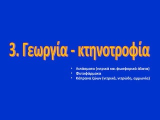 • Λιπάσματα (νιτρικά και φωσφορικά άλατα)
• Φυτοφάρμακα
• Κόπρανα ζώων (νιτρικά, νιτρώδη, αμμωνία)
 