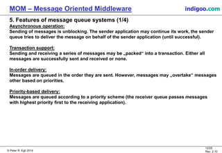 © Peter R. Egli 2015
12/25
Rev. 2.20
MOM – Message Oriented Middleware indigoo.com
5. Features of message queue systems (1/4)
Asynchronous operation:
Sending of messages is unblocking. The sender application may continue its work, the sender
queue tries to deliver the message on behalf of the sender application (until successful).
Transaction support:
Sending and receiving a series of messages may be „packed“ into a transaction. Either all
messages are successfully sent and received or none.
In-order delivery:
Messages are queued in the order they are sent. However, messages may „overtake“ messages
other based on priorities.
Priority-based delivery:
Messages are queued according to a priority scheme (the receiver queue passes messages
with highest priority first to the receiving application).
 