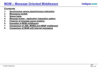 © Peter R. Egli 2015
2/25
Rev. 2.20
MOM – Message Oriented Middleware indigoo.com
Contents
1. Synchronous versus asynchronous interaction
2. Messaging models
3. Queue types
4. Message broker - application integration pattern
5. Features of message queue systems
6. Examples of MOM middleware
7. Comparison of JMS, MSMQ and AMQP middleware
8. Comparison of MOM with Internet messaging
 
