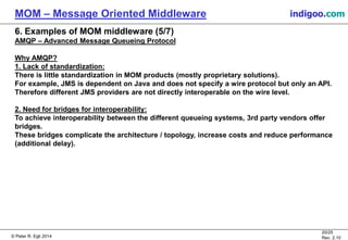 © Peter R. Egli 2015
20/25
Rev. 2.20
MOM – Message Oriented Middleware indigoo.com
6. Examples of MOM middleware (5/7)
AMQP – Advanced Message Queueing Protocol
Why AMQP?
1. Lack of standardization:
There is little standardization in MOM products (mostly proprietary solutions).
For example, JMS is dependent on Java and does not specify a wire protocol but only an API.
Therefore different JMS providers are not directly interoperable on the wire level.
2. Need for bridges for interoperability:
To achieve interoperability between the different queueing systems, 3rd party vendors offer
bridges.
These bridges complicate the architecture / topology, increase costs and reduce performance
(additional delay).
 