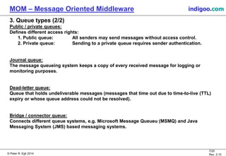 © Peter R. Egli 2015
7/25
Rev. 2.20
MOM – Message Oriented Middleware indigoo.com
3. Queue types (2/2)
Public / private queues:
Defines different access rights:
1. Public queue: All senders may send messages without access control.
2. Private queue: Sending to a private queue requires sender authentication.
Journal queue:
The message queueing system keeps a copy of every received message for logging or
monitoring purposes.
Dead-letter queue:
Queue that holds undeliverable messages (messages that time out due to time-to-live (TTL)
expiry or whose queue address could not be resolved).
Bridge / connector queue:
Connects different queue systems, e.g. Microsoft Message Queue (MSMQ) and Java Messaging
System (JMS) based messaging systems.
 