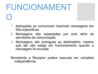 FUNCIONAMENT
O
1. Aplicações se comunicam inserindo mensagens em
filas específicas.
2. Mensagens são repassadas por uma série de
servidores de comunicação.
3. Mensagens são entregues ao destinatário, mesmo
que ele não esteja em funcionamento quando a
mensagem foi enviada
Remetente e Receptor podem executar em completa
independência.
 