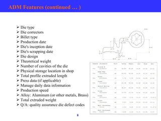 ADM Features (continued … ) Die type Die correctors Billet type Production date Die's inception date Die's scrapping date Die design Theoretical weight Number of cavities of the die Physical storage location in shop Total profile extruded length Press data (if applicable) Manage daily data information Production speed Alloy: Aluminum (or other metals, Brass) Total extruded weight Q/A: quality assurance die defect codes 