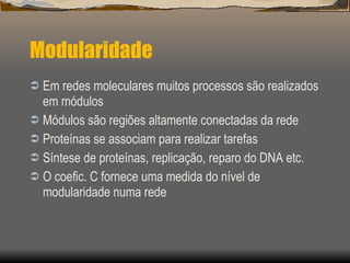 Modularidade  Em redes moleculares muitos processos são realizados em módulos Módulos são regiões altamente conectadas da rede Proteínas se associam para realizar tarefas Síntese de proteínas, replicação, reparo do DNA etc. O coefic. C fornece uma medida do nível de modularidade numa rede 