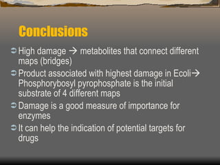 Conclusions High damage    metabolites that connect different maps (bridges) Product associated with highest damage in Ecoli   Phosphorybosyl pyrophosphate is the initial substrate of 4 different maps Damage is a good measure of importance for enzymes It can help the indication of potential targets for drugs 