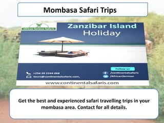 Mombasa Safari Trips
Get the best and experienced safari travelling trips in your
mombasa area. Contact for all details.
 