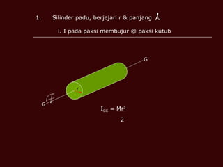 Silinder padu, berjejari r & panjang i. I pada paksi membujur @ paksi kutub  G G r I GG  =  Mr 2 2 